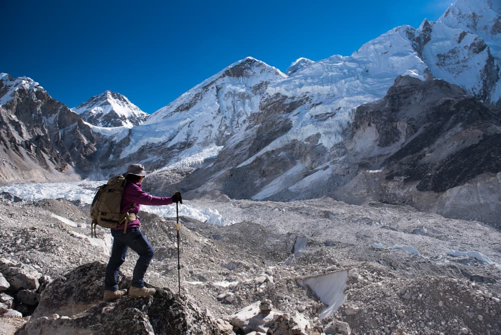 Hiker facing Himalayan peaks