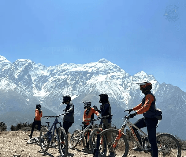 Riders with mountain bikes in front of snow-covered peaks