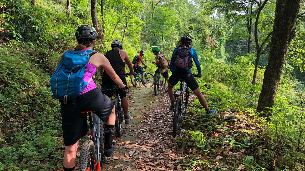 Group of Mountain bikers are getting ready to descend down the single trail of Nagarkot.