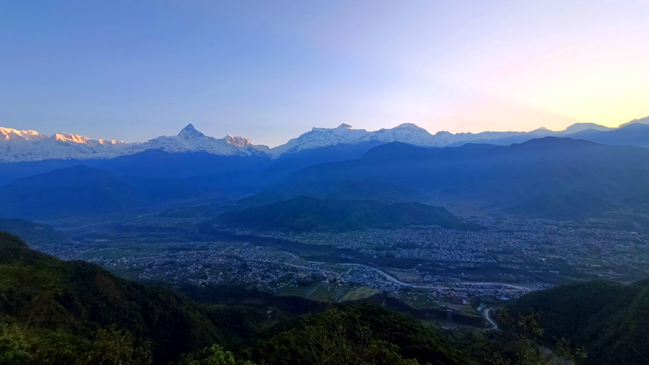 Beautiful sunrise view over Annapurna and Fishtail seen from Sarangkot view point of Pokhara.