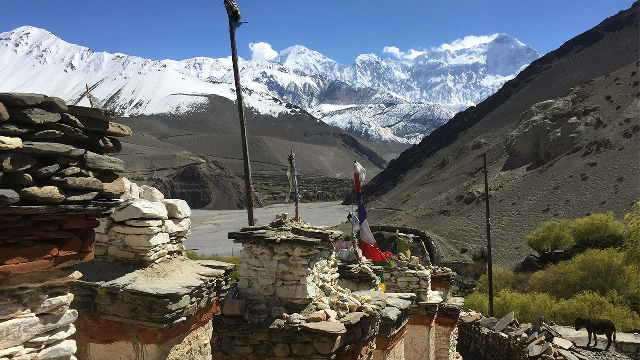 Stone Chortens painted red and white with prayer flags and the backdrop of Tilicho Peak and Nilgiri mountain.