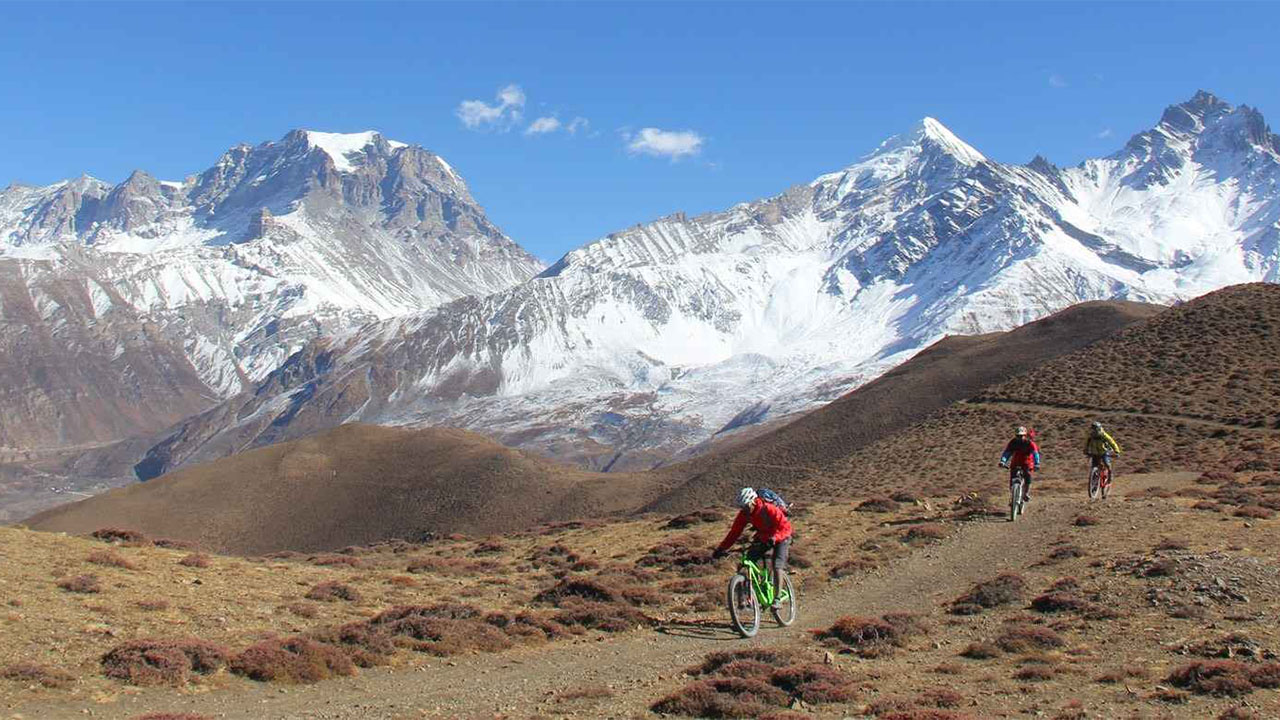 Three mountain bikers descend Lupra trail on their mountain bike and the view of Thorong Peak seen on the back in middle