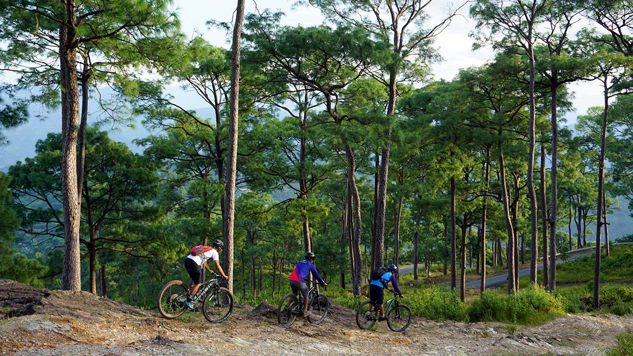 Mountain bikers are rolling down through the best mountain bike trail in Nepal.