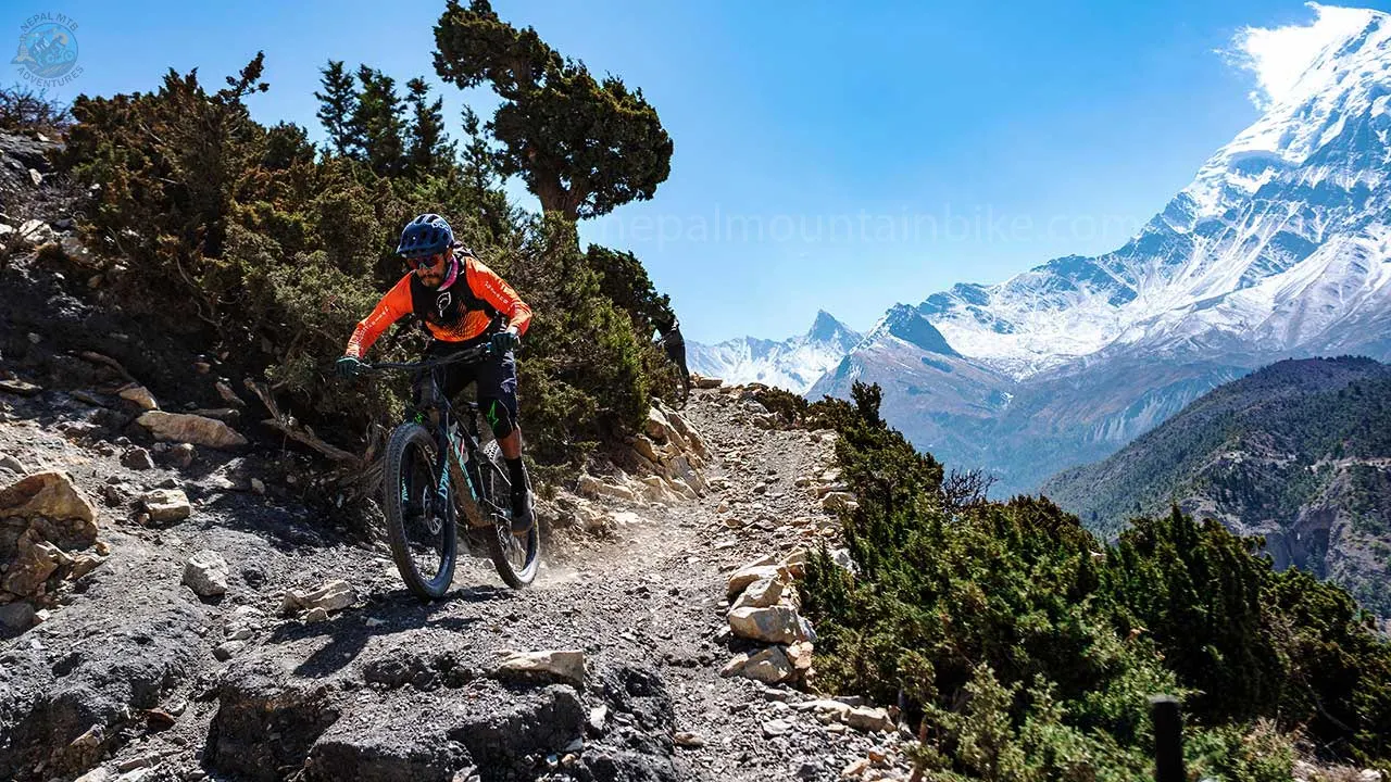 A mountain biker enjoys the ride in Mustang's best singletrack during Nepal Enduro biking expedition in the Himalayas.