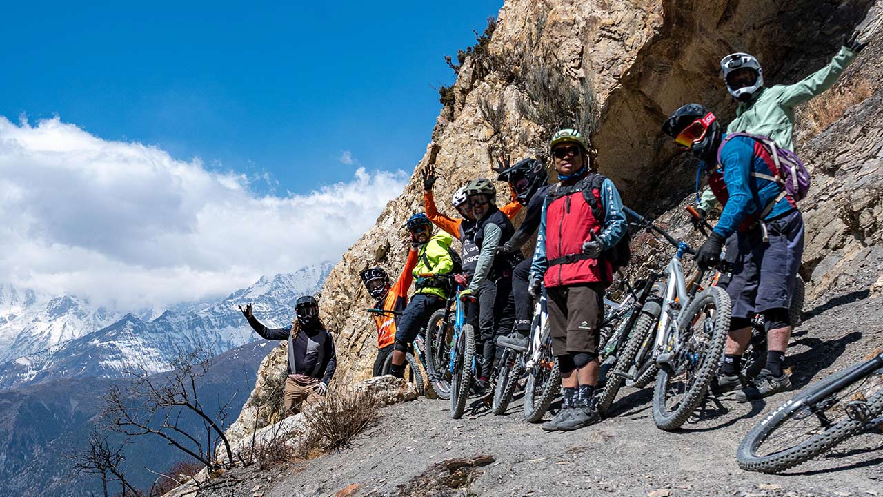 Happy Enduro Mtb bikers in the Himalayas of Nepal.