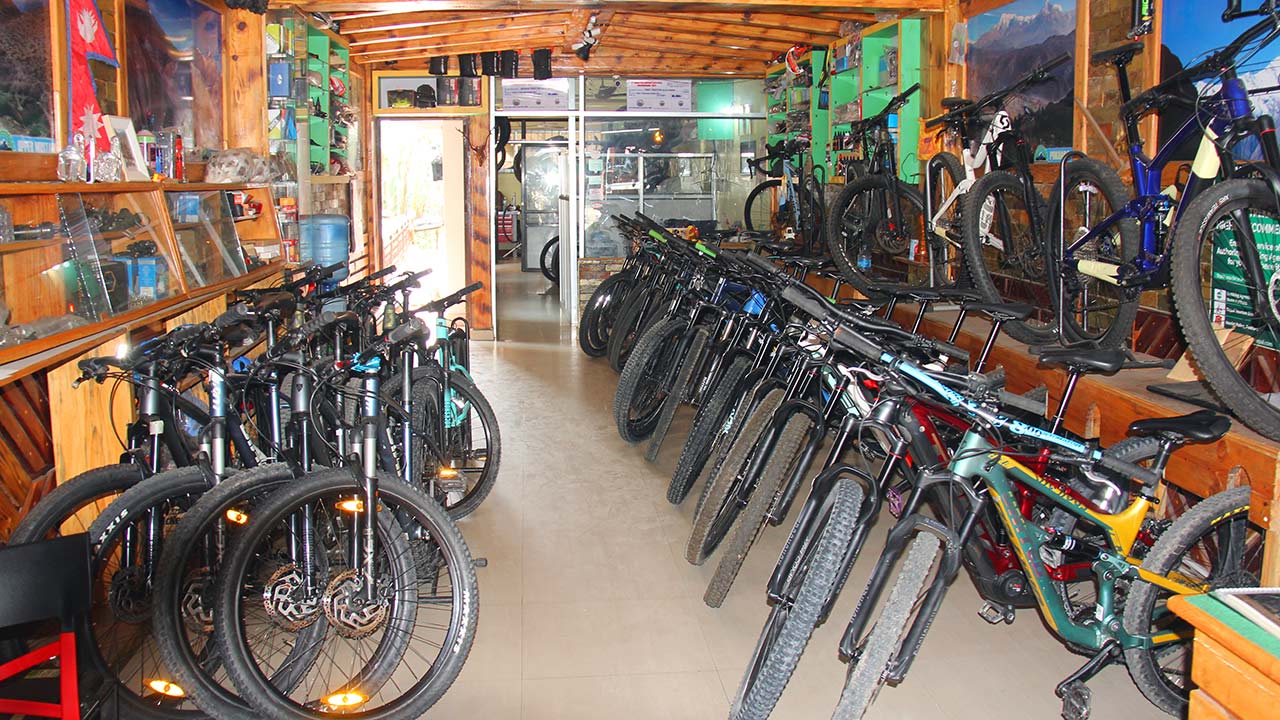 Mountain bike rental store in Pokhara with various options to choose from.