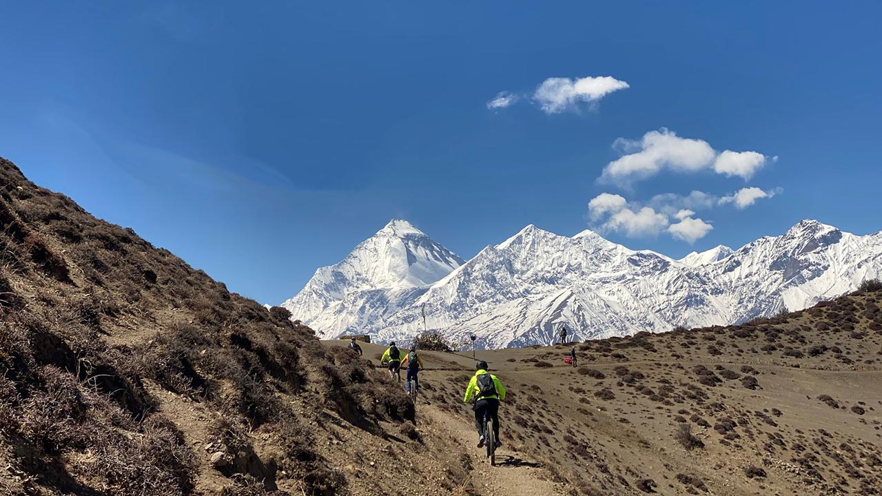 Mountain bikers riding their bikes with the view of Dhaulagiri during the Round Annapurna Himalayan MTB expedition.