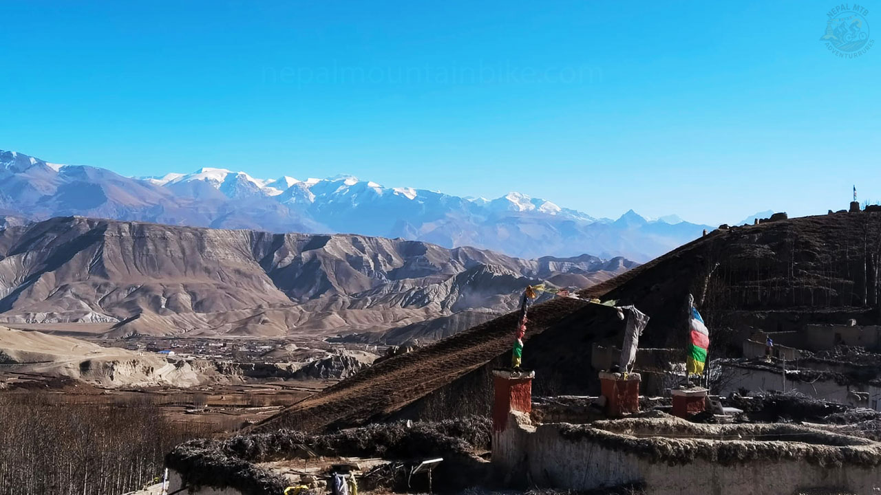 Rugged landscapes of Upper Mustang observed during the Himalayan mountain bike tour with Nepal MTB Adventures.