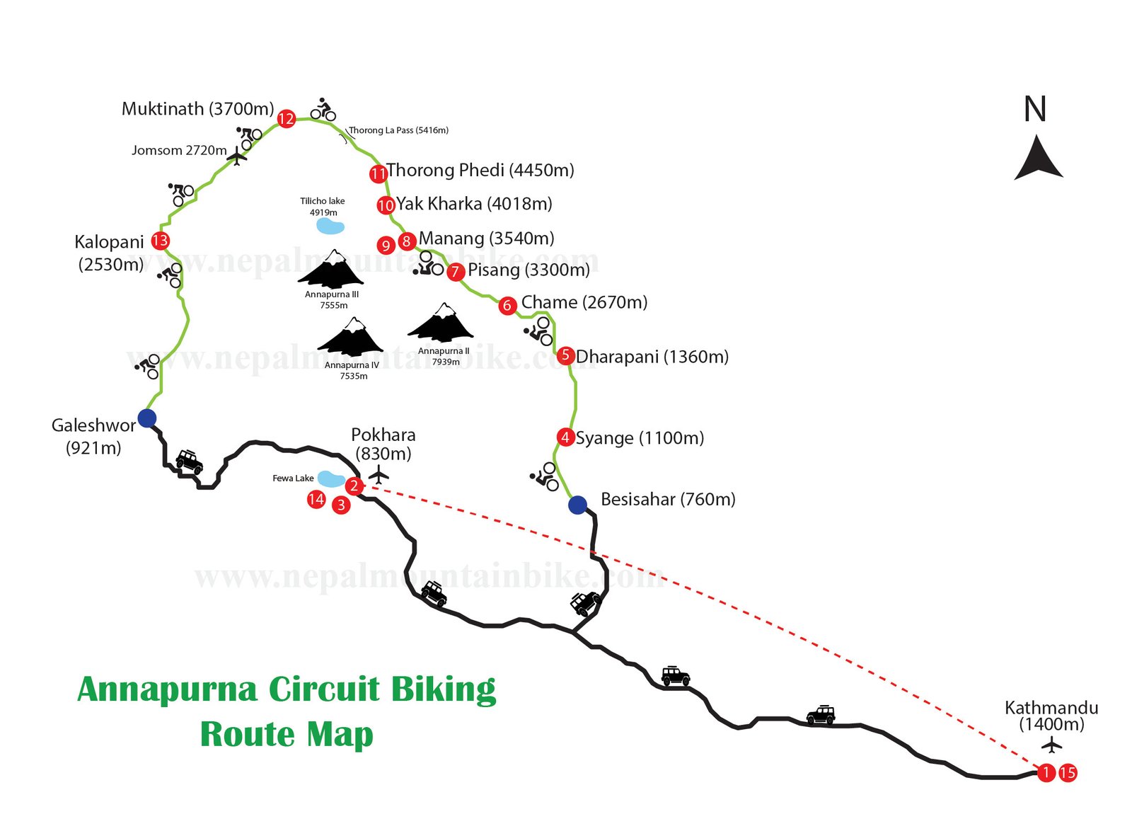 Annapurna Circuit mountain trekking and biking map.