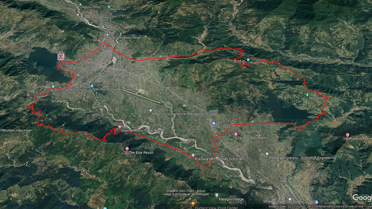 Mountain biking route map from Pokhara to Kalikasthan, Begnas Lake and Pokhara.