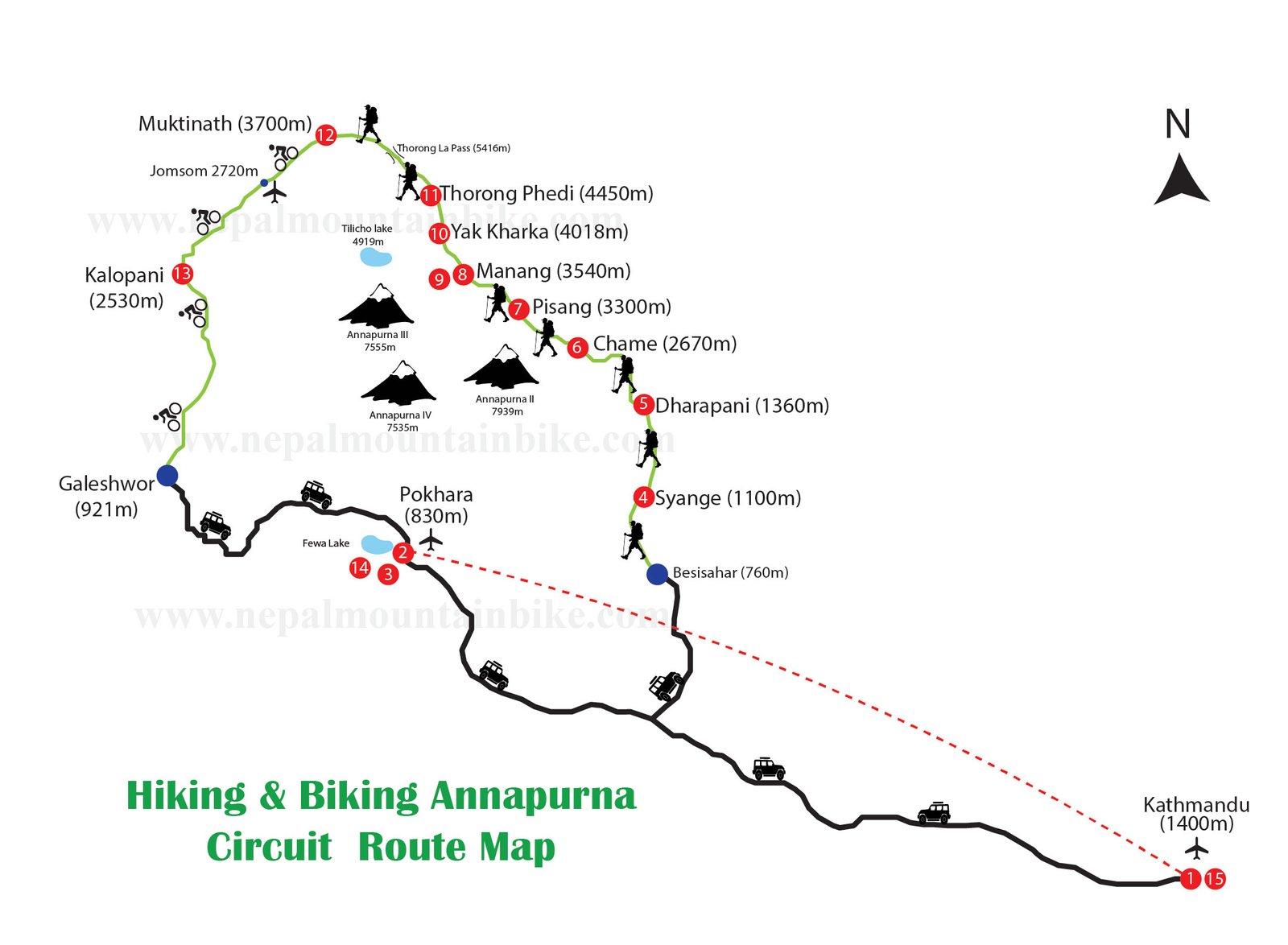 Annapurna Circuit trek and mountain bike tour map.